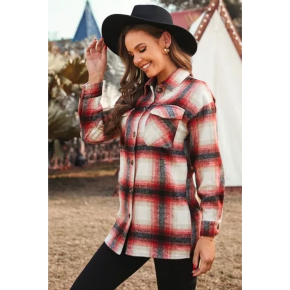 LAST ONE! Plus Size SIMONE Red And Black Long Sleeve Plaid Jacket With Pockets - Picture 5 of 5